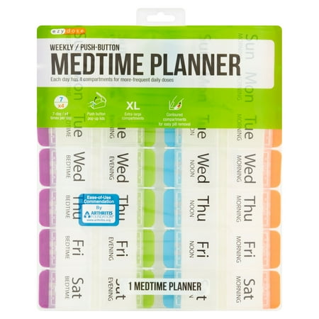 Ezy Dose 4x/Day Weekly Pill Organizer - 7 Day Medtime Planner with Push Buttons - Arthritis