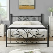 VECELO Metal Platform Bed Frame Mattress Foundation with Victorian Headboard and Footboard, Modern Slatted Bed Base, Under Storage Space, Queen Size, Black