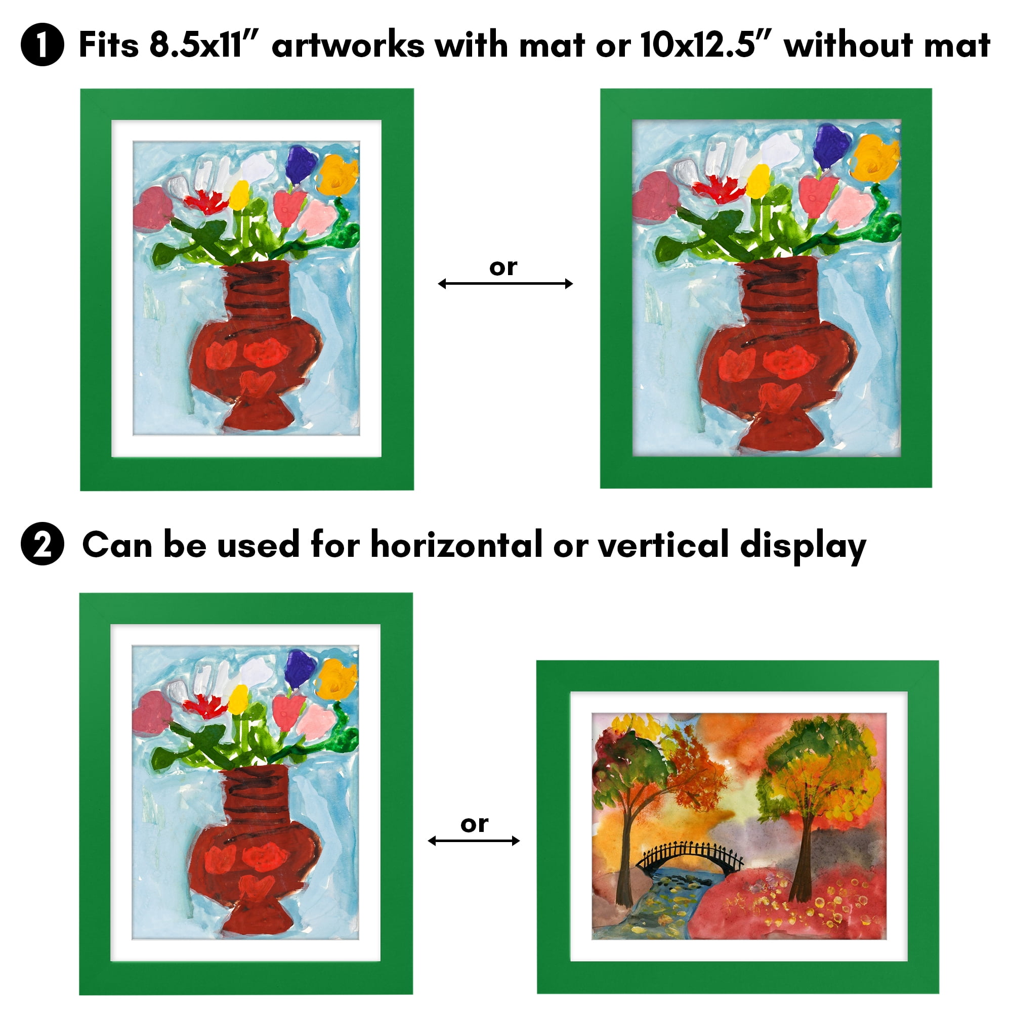 Americanflat 10x12.5 Kids Art Frame with 8.5x11 Mat Holds 100 Art Pieces Shamrock Magnetic Letter Size Mini - Green