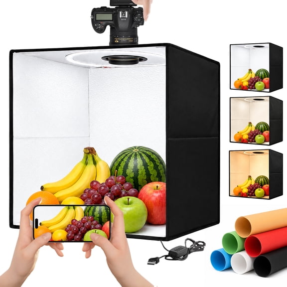 DQQKMM Portable Photo Studio Light Box, 40x40CM Photo Light Box with Ring Colour Change Light, Professional Dimmable Phto Tent Kit with 120 LEDs& 6 Kinds Double-Sided Color Backgrounds