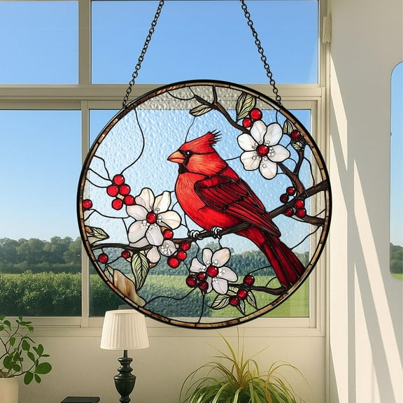 Cardinal Stained Glass Suncatcher, Bird Lover Gift, Bird Glass Suncatcher, Memorial Suncatcher, Bird Memorial Gift, Red Cardinal Ornament