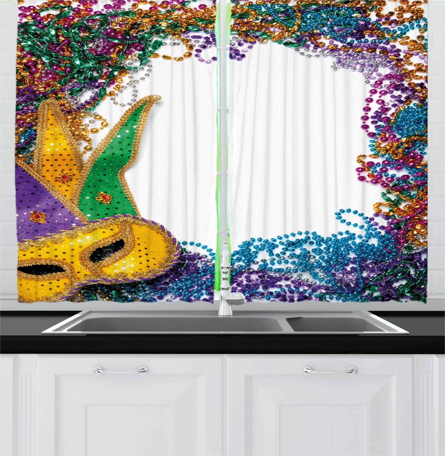Mardi Gras Curtains 2 Panels Set, Colorful Framework Design with Vibrant Beads and Mask Fat Tuesday Holiday Theme, Window Drapes for Living Room Bedroom, 55W X 39L Inches, Multicolor, by Ambesonne