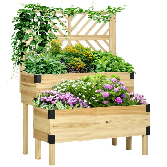 Raised Garden Bed Wood Elevated with Legs Trellis Above Ground Standing Planters Boxes 2 Tier Outdoor for Vegetables Flower Plants Herb, Natural