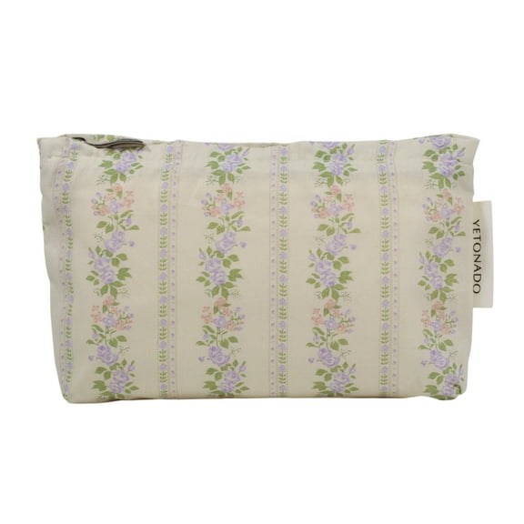 Unique Bargains 1 Pc Multifunctional Rose Handheld Makeup Bag for Vacation Large Beige Purple Cotton