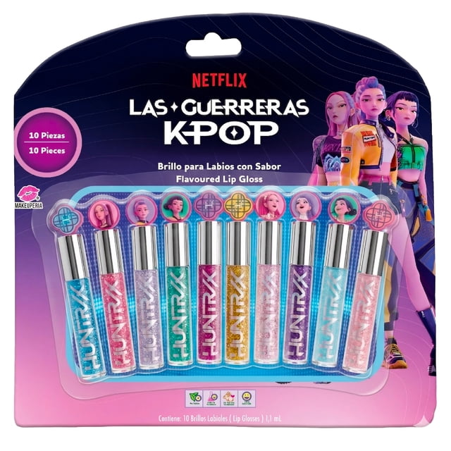 MAKEUPERIA Set de Brillo Labial para Niñas Las Guerreras Kpop, 10 Brillos Glitter Coleccionables con Sabor Uva, Cereza y Bubblegum, Fórmula Vegetal, No Tóxico, Libres de Parabenos