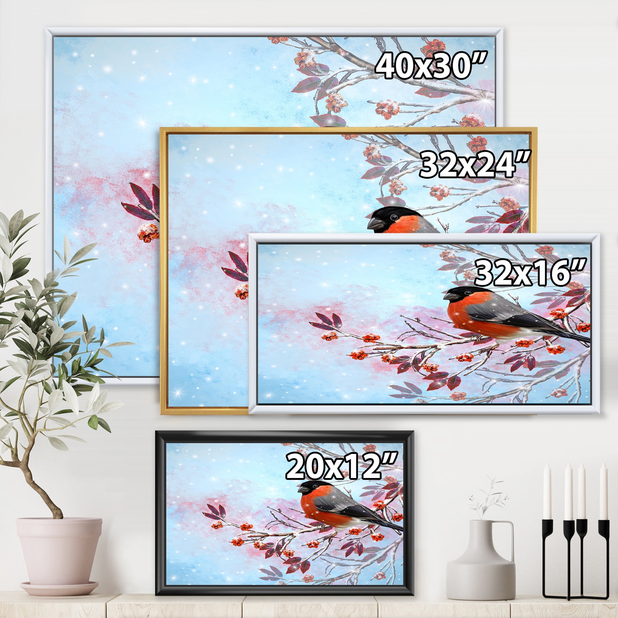 Designart 'A Bright Bullfinch Bird Sitting On A Branch' Traditional Framed Canvas Wall Art Print