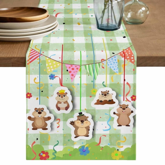 Groundhog Day Cotton Linen Table Runner for Dining Kitchen, Colorful Ribbon Green Plaid Spring Wedding Outdoor Party Tablerunners Decoration, Dresser Scarf Coffee Tablecloth Runners 13x60 Inches