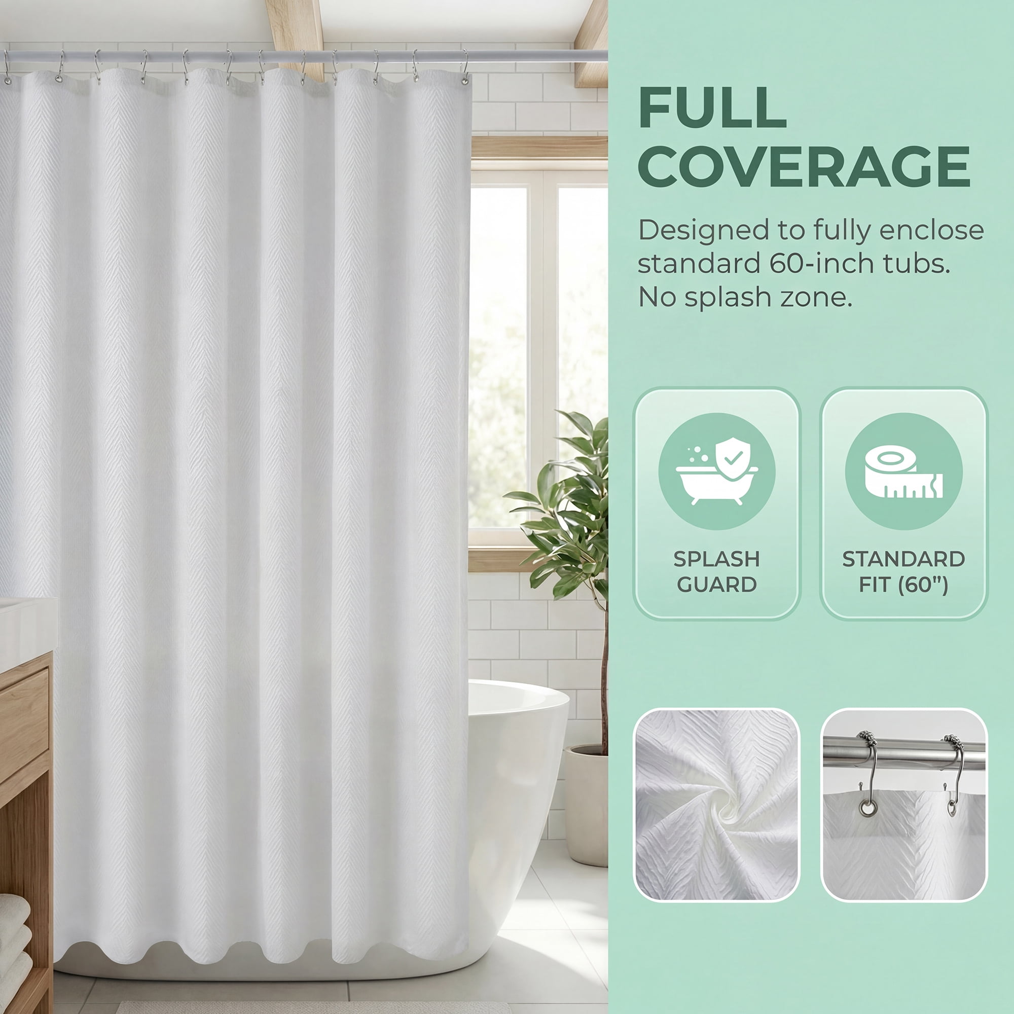 Unique Bargains Waterproof Fabric Shower Curtain Sets White - Herringbone 71"W x 71"L