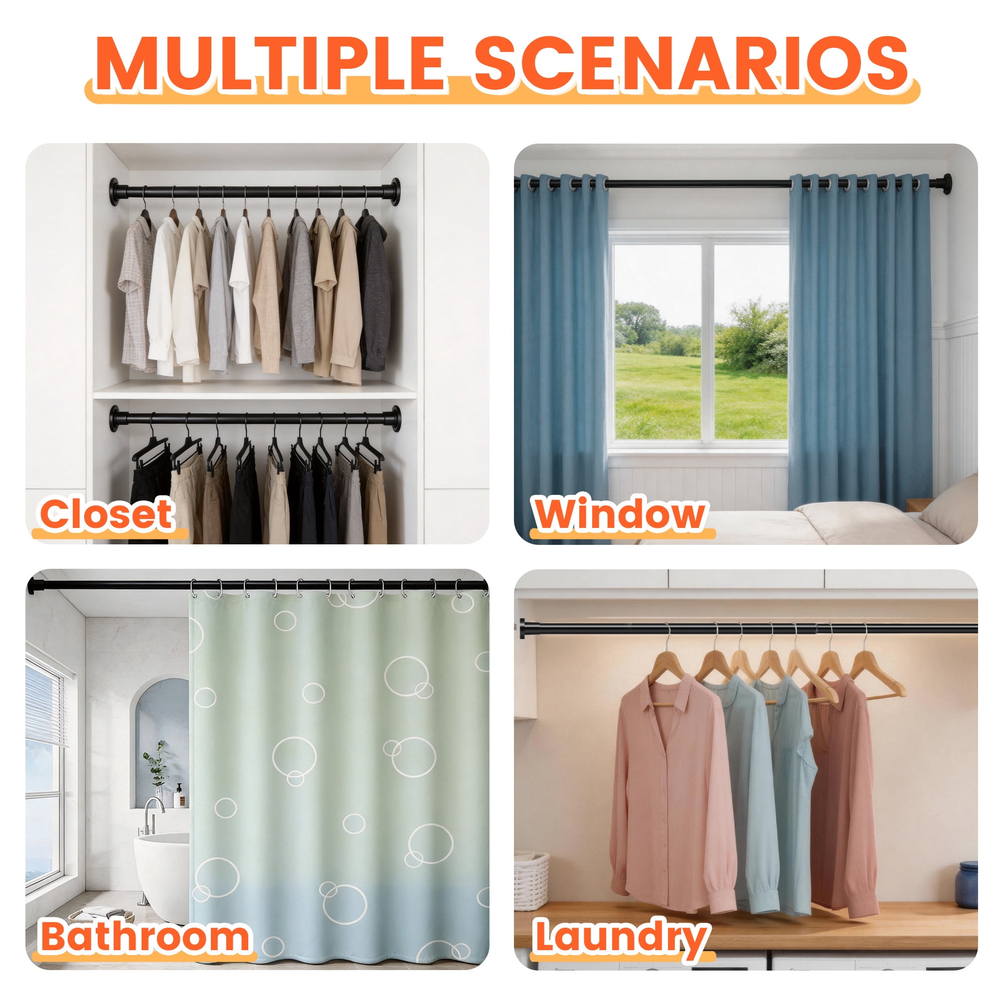 GARITIN Adjustable Tension Curtain Rod, 43.3-78.7 Inch No Drill Shower Curtain Rod for Window, Bathroom, Closet, Black Tension Rod