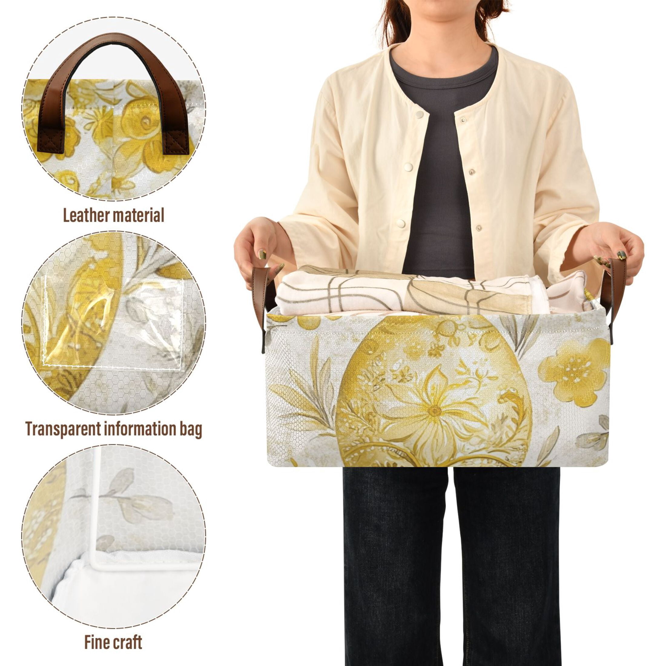 Gold Easter Eggs Storage Bins with Handles Foldable Storage Baskets for Shelves Organizer Cloth Baskets