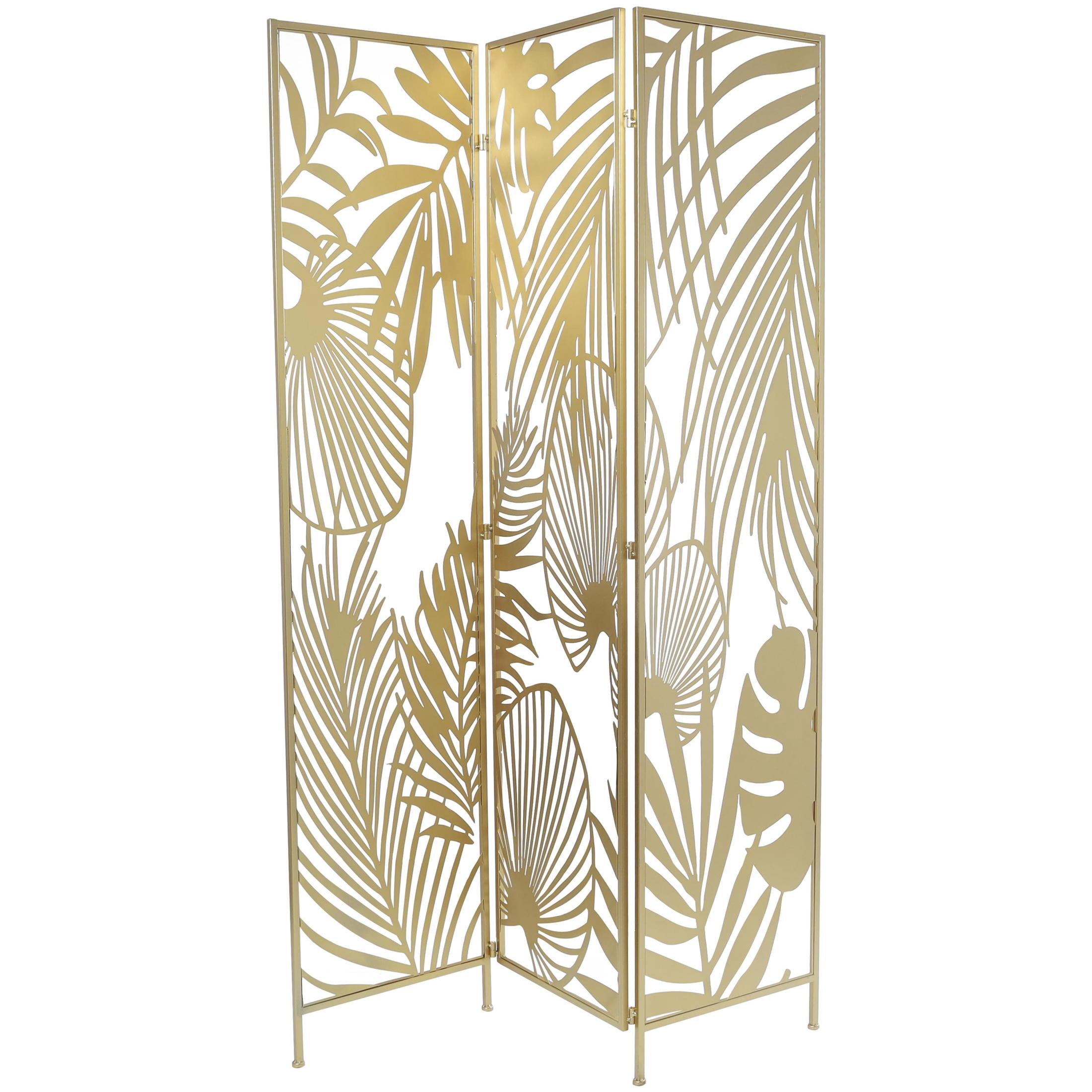 DecMode 48" x 71" Gold Metal Leaf Foldable Partition Cutout Palm Leaf 3 Panel Room Divider Screen, 1-Piece