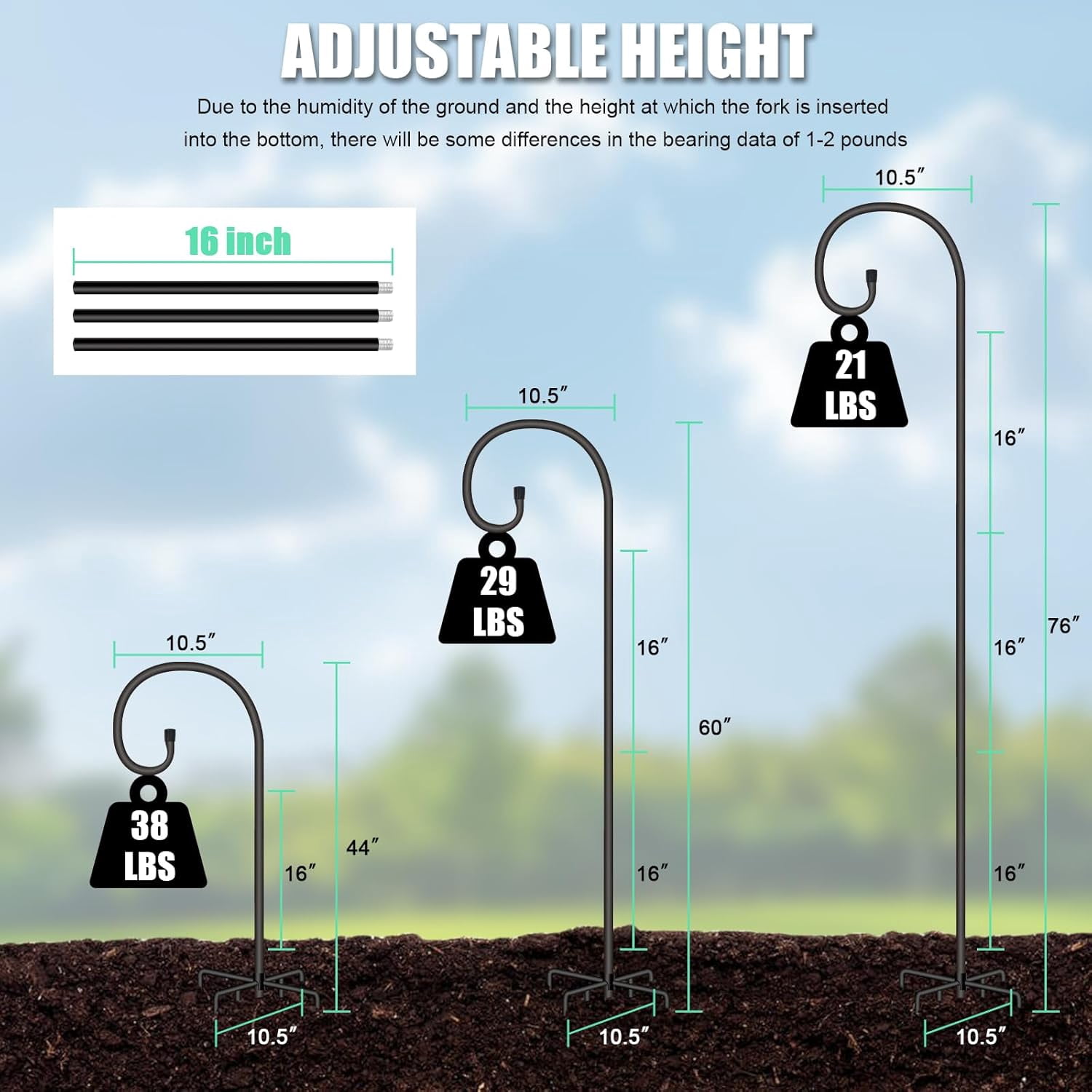 Adjustable Shepherds Hook for Outdoor 76 Inch Bird Feeder Pole with 7 Prongs Base, 5/8 Inch Thick Heavy Duty for Hanging Bird Feeder, Plant Basket