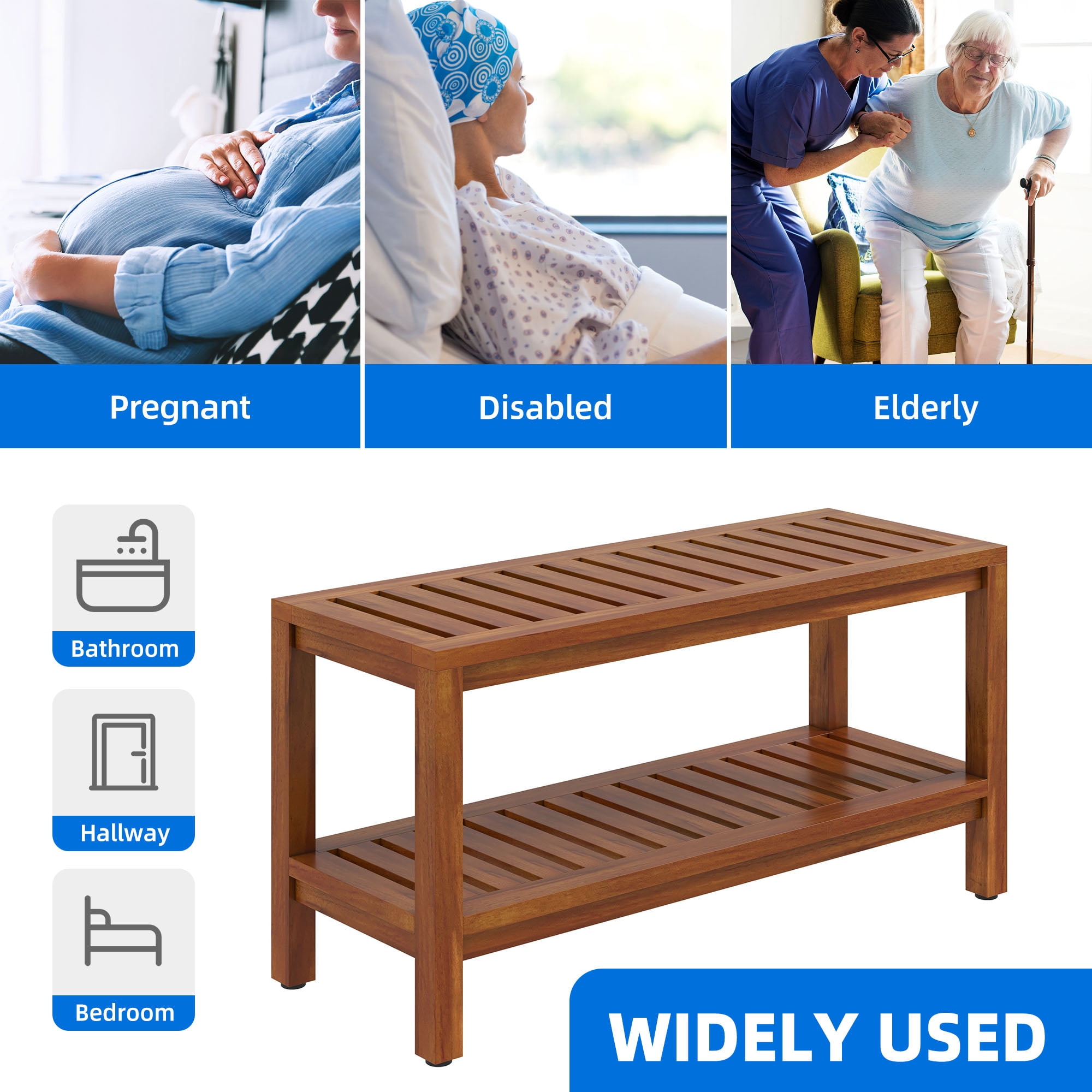 Uforic 36" Shower Seating Bench with Storage Shelf, Teak Wood Shower Stool with Non-Slip Pads, Brown