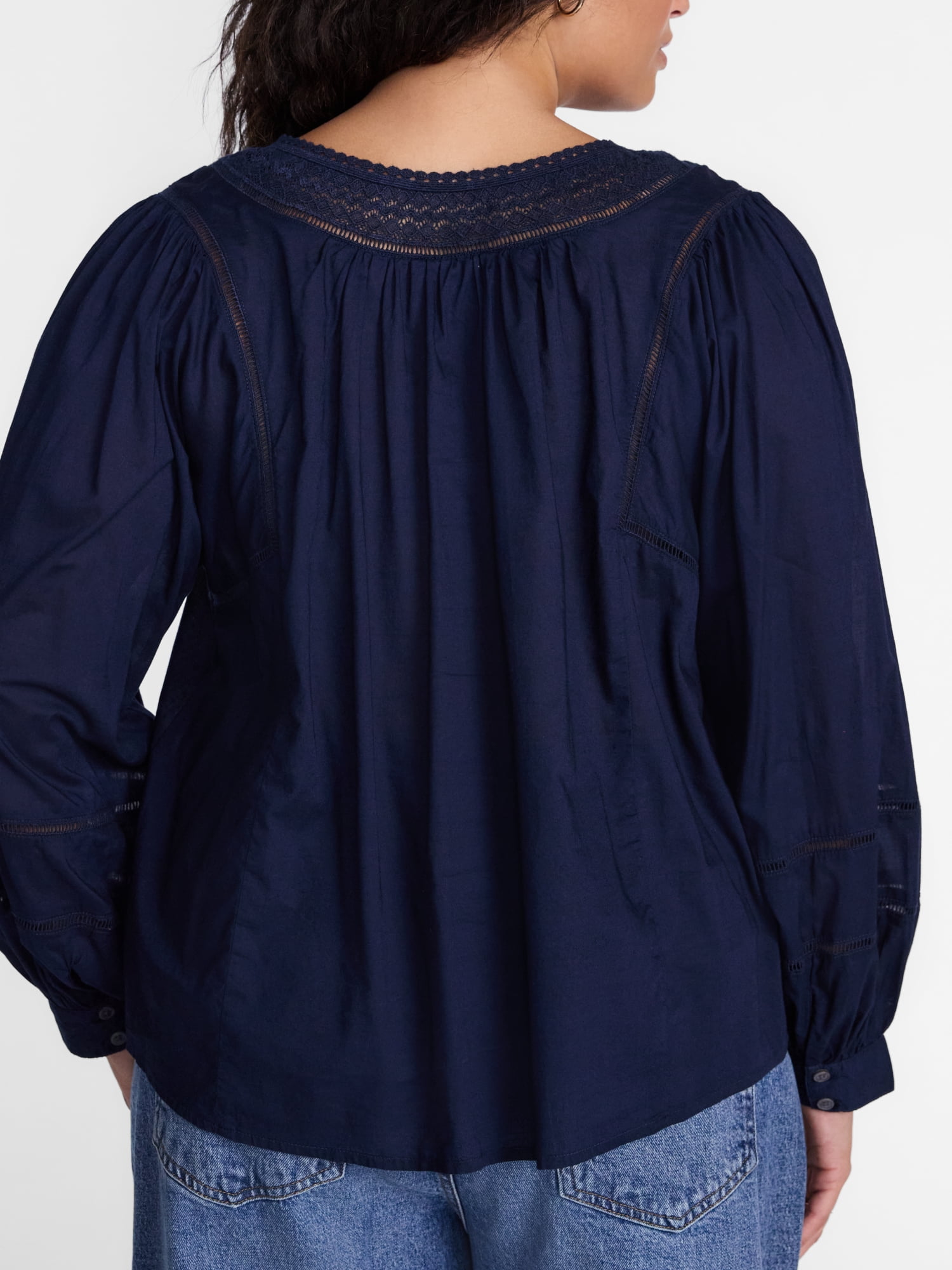 Terra & Sky Women's Plus Tie Front Geo Eyelet Cotton Blouse with Long Sleeves, Sizes 0X-5X