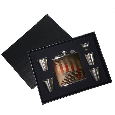 Leather Baseball Stitch - KuzmarK 6 oz. Leather Flask Set in Black Presentation Box - American Flag Baseball Stitch