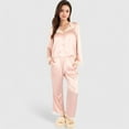 thumbnail image 2 of Lounge Women's Satin Pajama Set with Lace Trim and Button-Up Long Sleeve Top - Large, Pink, 2 of 7