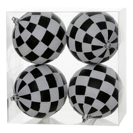 Pack of 4 Black Matte & White Glitter Checkered Christmas Ball ...