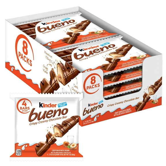 Kinder Bueno, Milk Chocolate and Hazelnut Cream, Bulk 8 Pack, 4 Bars Per Pack, Individually Wrapped Chocolate Bars, Easter Basket Stuffers, 3 oz Each