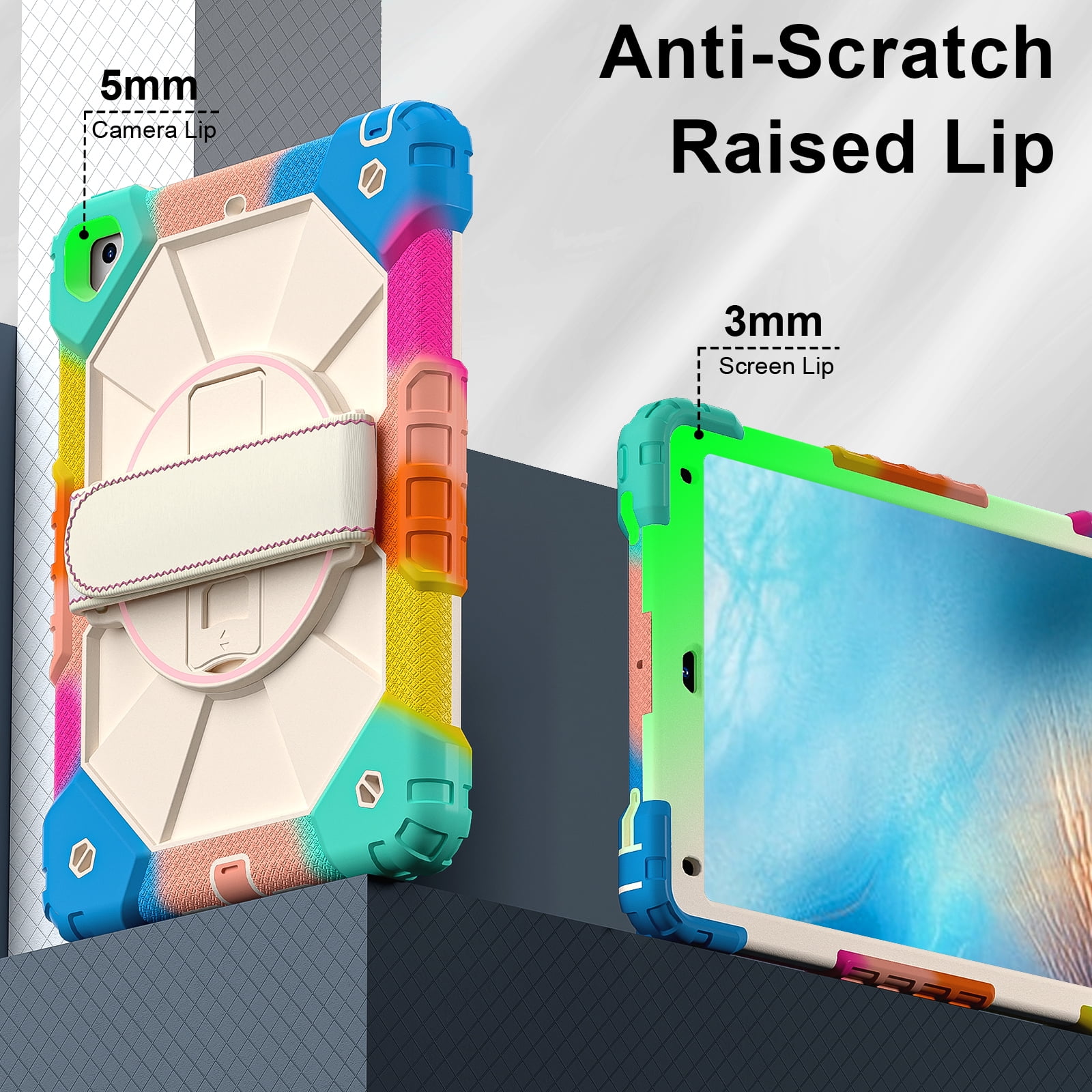 Shockproof Case for Apple iPad 6th 5th Generation 2018 2017 / iPad Air 2 9.7 Inch, Rotating Kickstand Pencil Holder Shoulder Strap Hand Strap Kids Friendly Bumper Cover, Colorful Blue
