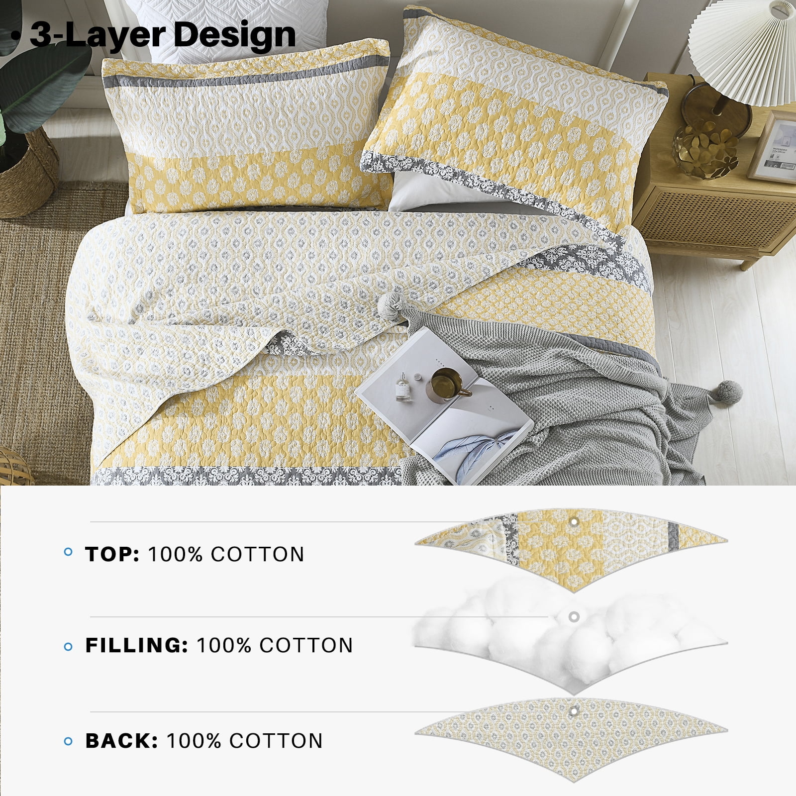 Bedduvit Quilt Bedspread for Queen Bed, 100% Cotton Gold Yellow Gray Floral Striped Reversible Quilts, Lightweight Farmhouse Summer Fall Printed Queen Quilt Comforter Set, 3-Piece 98"x90"
