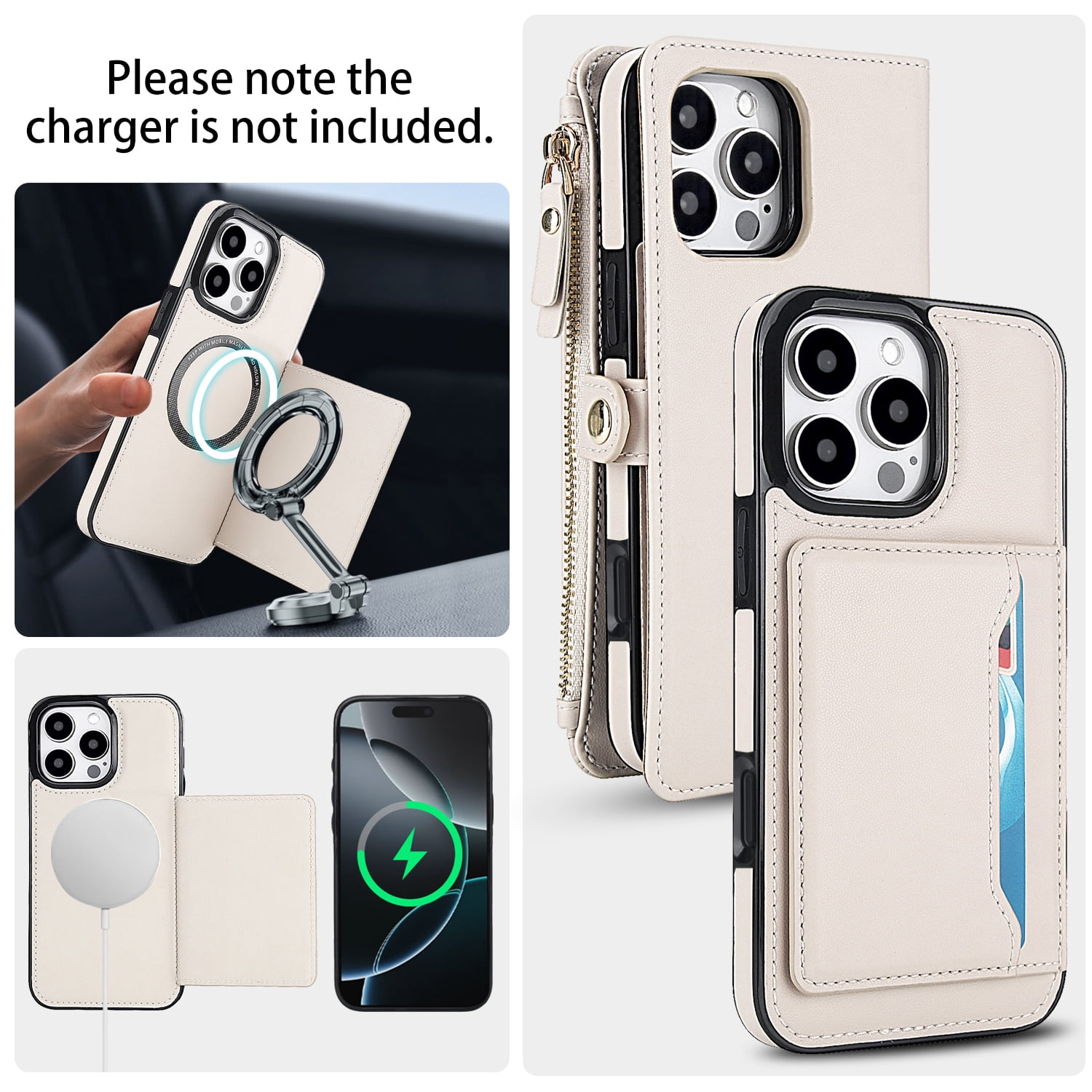 Dteck Crossbody Wallet for iPhone 15 Pro with Detachable Magnetic Phone Case, Compatible with MagSafe, RFID Blocking PU Leather Flip Cover Wrist Strap Zipper Card Holder Slots,White