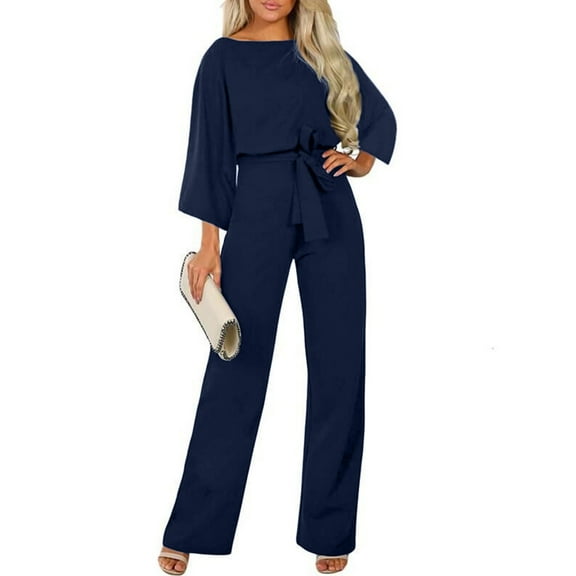 women long sleeve playsuit clubwear straight leg jumpsuit with belt