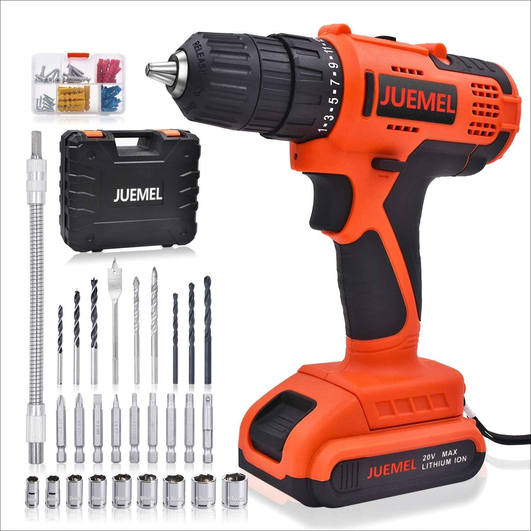 Electric Screwdriver Drill Set 2 Battery 1500mAh / Charger / 18+1 Clutch / 2 Variable Speed / 3/8inch Chuck Cordless Drill with 2 Batteries for DIY Project JUEMEL 20V Power Drill