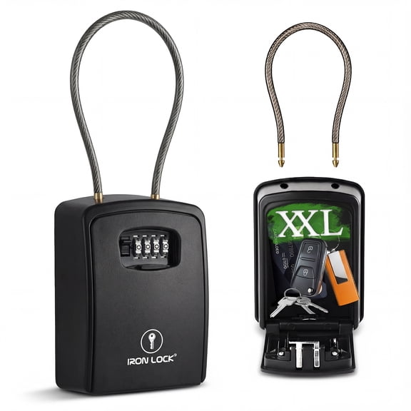 Iron Lock Waterproof X-Large Lock Box w/ Cable & 4-Digit Combo - Wall/Portable - Spacious Valuables Storage