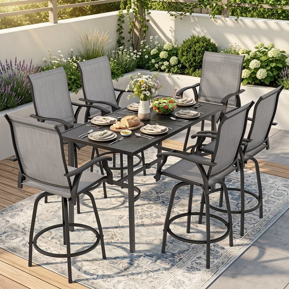 Nuu Garden 7-Piece Patio Bar Set with Umbrella Hole, High Top Bar Table, Textilene Swivel Bar Stools, Powder-Coated Metal Frame, Gray and Black
