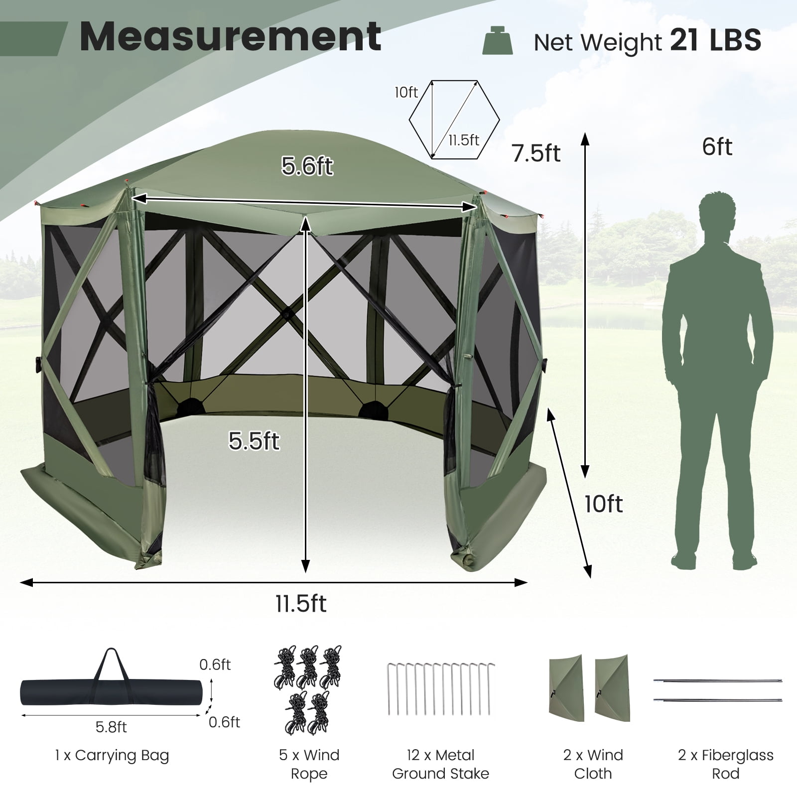 Costway 11.5 X 11.5 FT 6-Sided Pop-up Screen House Tent With 2 Wind Panels for Camping Green