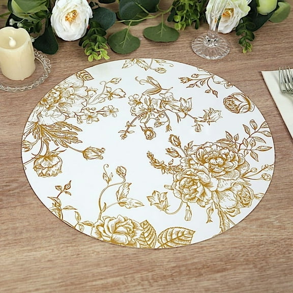 Balsa Circle 6 White Gold 13" Disposable Cardboard Paper Placemats French Toile Pattern Party Wedding Events Decorations Supplies