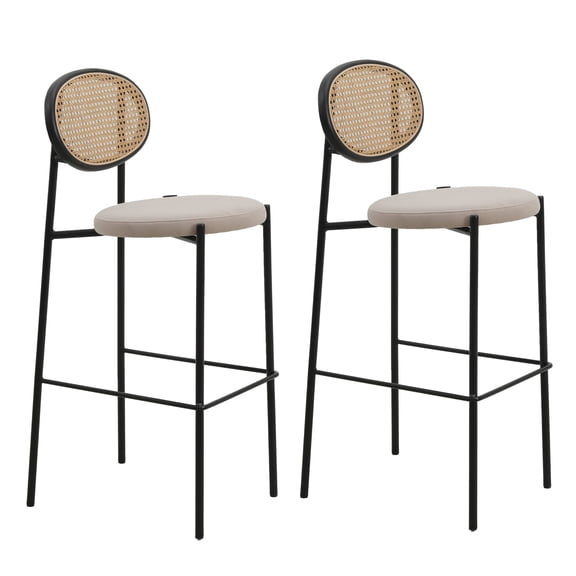 LeisureMod Euston Modern Wicker Bar Stool with Black Powder Coated Steel Frame and Footrest, Set of 2 (Beige)