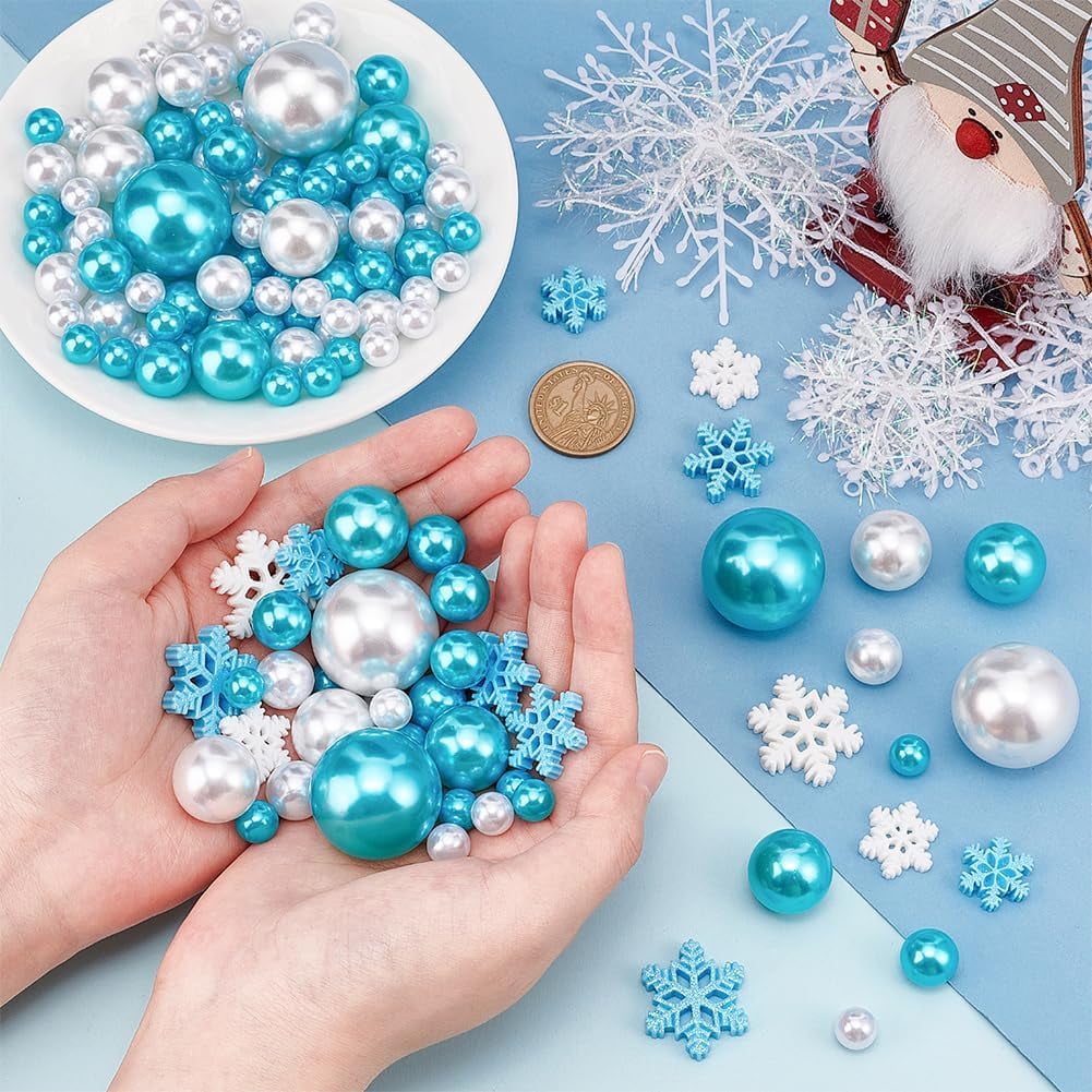 Floating Pearls for Centerpiece 144PCS No Hole Pearls for Vases 10/14/20/30mm Assorted Pearl Craft Beads with 20pcs Small Resin Snowflake Cabochons for Christmas Wedding Party Decor