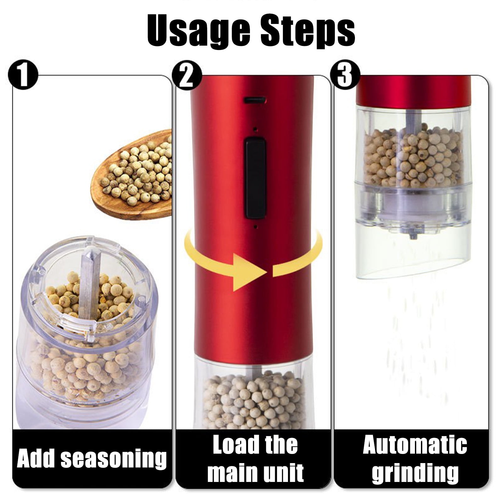 Electric Pepper Grinder or Salt Mill, Battery Powered Automatic Pepper Mill, Ceramic Grinder with Adjustable Coarseness, LED Light, and Salt Mill Refillable Multifunctional Home Grinding Machine