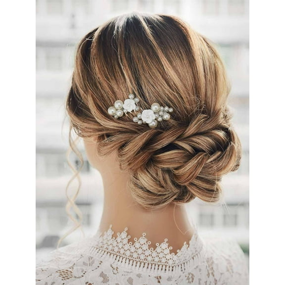 Pearl Wedding Bridal Hair Comb Silver Bride Hair Piece Flower Hair Clips Bridesmaids Hair Accessories for Women and Girls (Pack of 2)