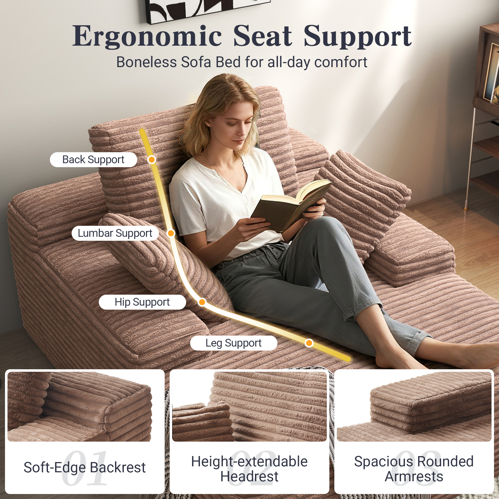 Sodrens 67" Oversized Chaise Lounge Chair Indoor,Cloud Plush Corduroy Upholstered Sofa Bed,Modern Deep Seat Sofa with Back Cushion,Pillows,Cozy Sleeper Couch for Living Room,Brown