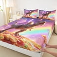 thumbnail image 4 of Feelyou Cat Riding Dinosaur Bed Sheets for Boys Girls Kids, Galaxy Space Rainbow King Sheets, Purple, 4pcs, 4 of 5