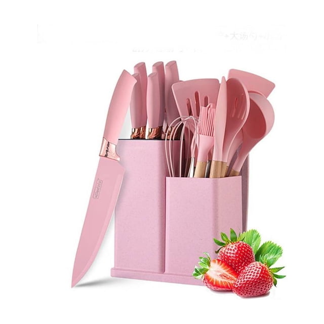 Set de utensilios de silicona con soporte de madera, 19 piezas, color rosa