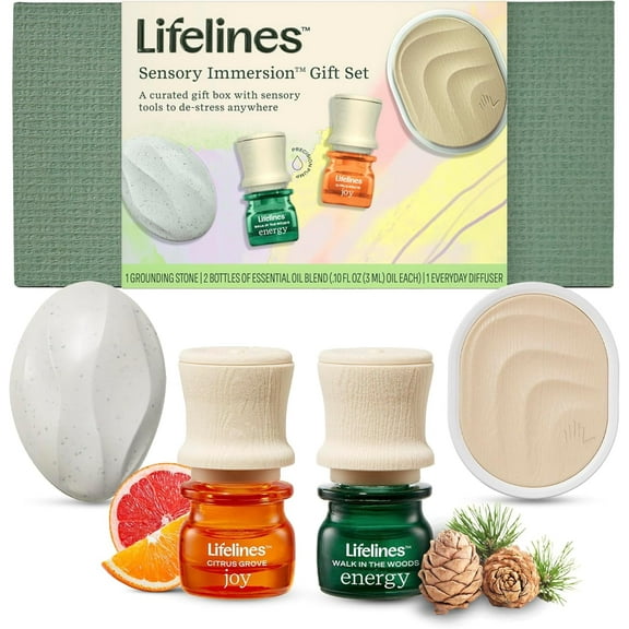 Lifelines Sensory Immersion Gift Set, Includes Everyday Aromatherapy Diffuser, Fidget Grounding Stone & 2 Essential Oil Blends