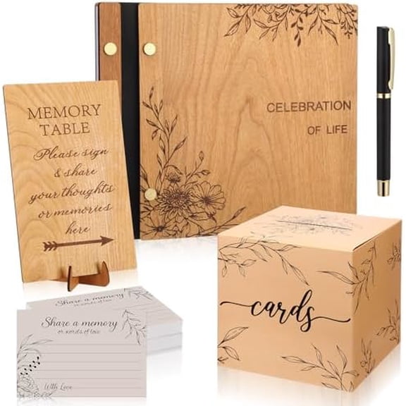 64 Pcs Celebration of Life Guest Book Set, Cherry Wood Funeral Guestbook with Floral Laser Engraving, 60 Share a Memory Cards, Card Box, Sign & Pen for Memorial Service Farewell Party