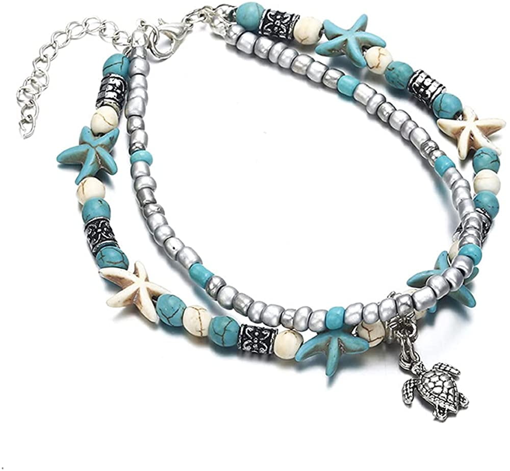 Blue Starfish Turtle Anklet Multilayer Charm Beads Sea Handmade Boho Anklet Foot Jewelry for Women Girl 