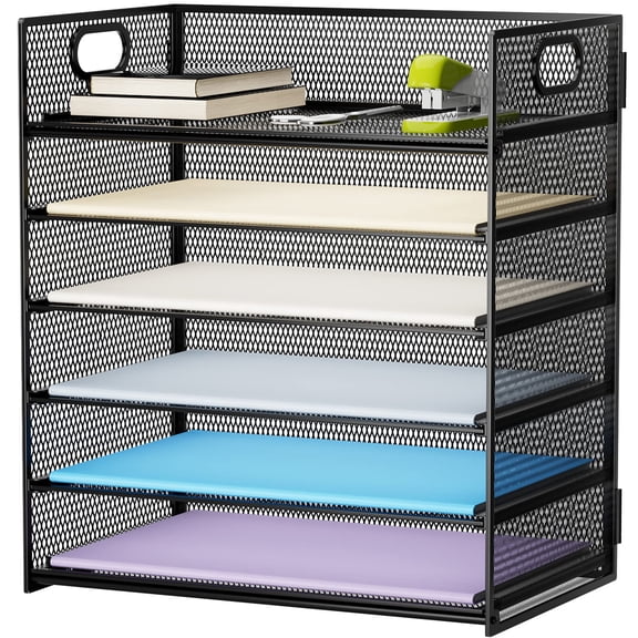 6 Tier Paper Organizer Letter Tray - Mesh Desk File With Handle Sorter For Letter/a4 Office Folder Holder Black
