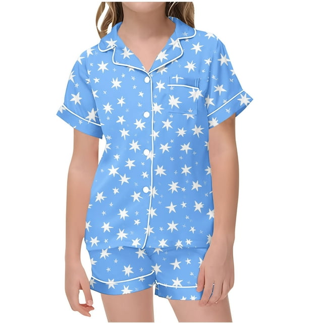 Odeerbi 2-12 Años Niños Niñas Pijama de Verano de Satén Con Solapa de Muesca Camisas de Manga Corta Conjunto de Shorts Suave Estampado de Estrellas Ropa de Dormir