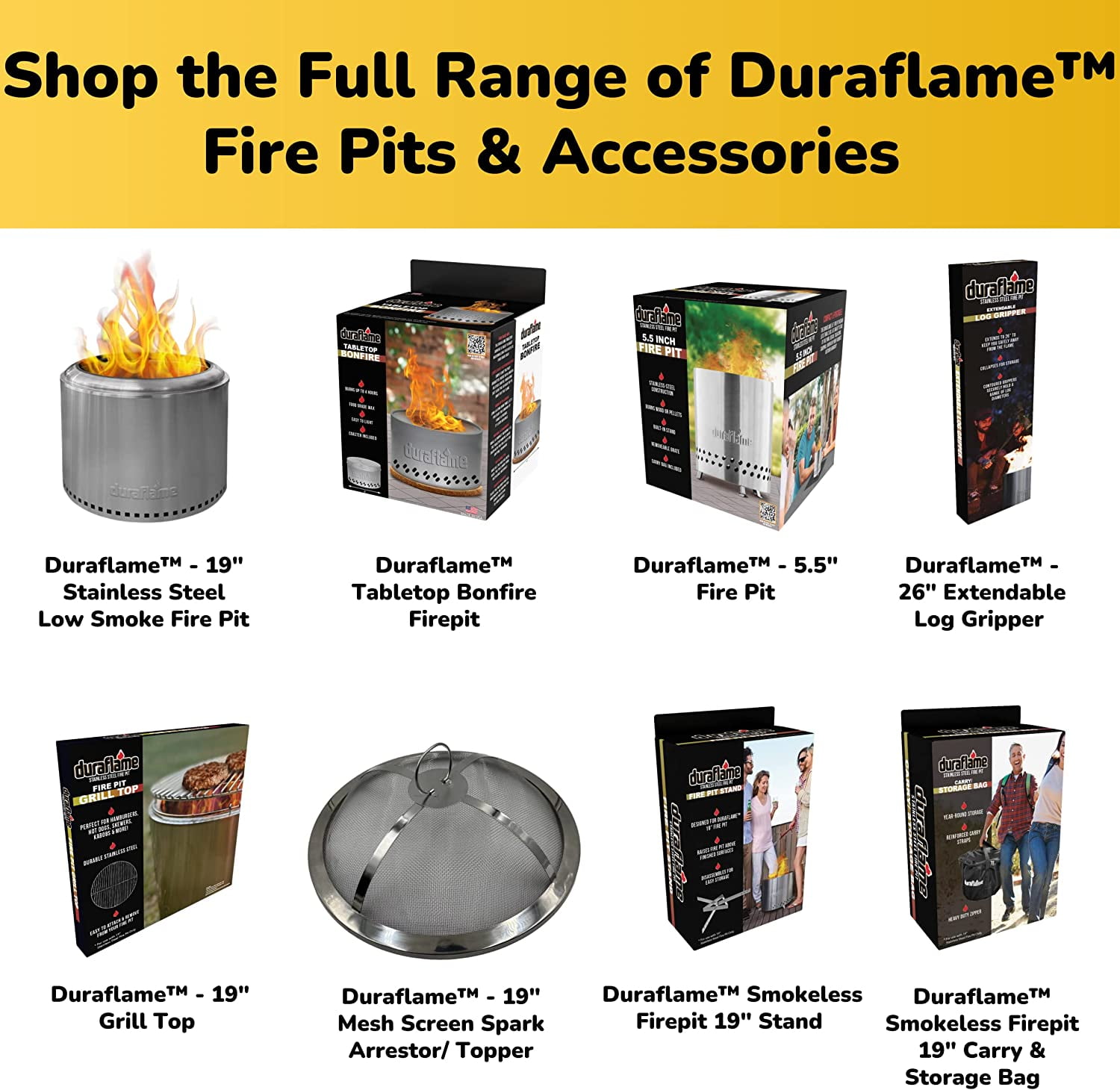 Duraflame 5.5 inch Table Top Fire Pit with Built-in Stand & Removable Grate, Low Smoke, Portable Mini Fire for Outdoor Use, Wood or Pellets, Double Walled Stainless Steel, with Travel Bag Included.
