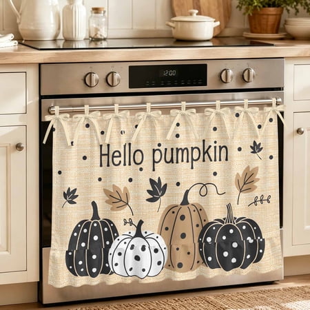 Oven Skirt Curtain for Kitchen 24x32 Inch Fall Pumpkin Oven Curtain with 8 Ribbon Ties & Ruffle Trim Stove Skirt Curtain Dishwasher for Cabinets Over Sinks Thanksgiving Black White Brown Dot Leaf