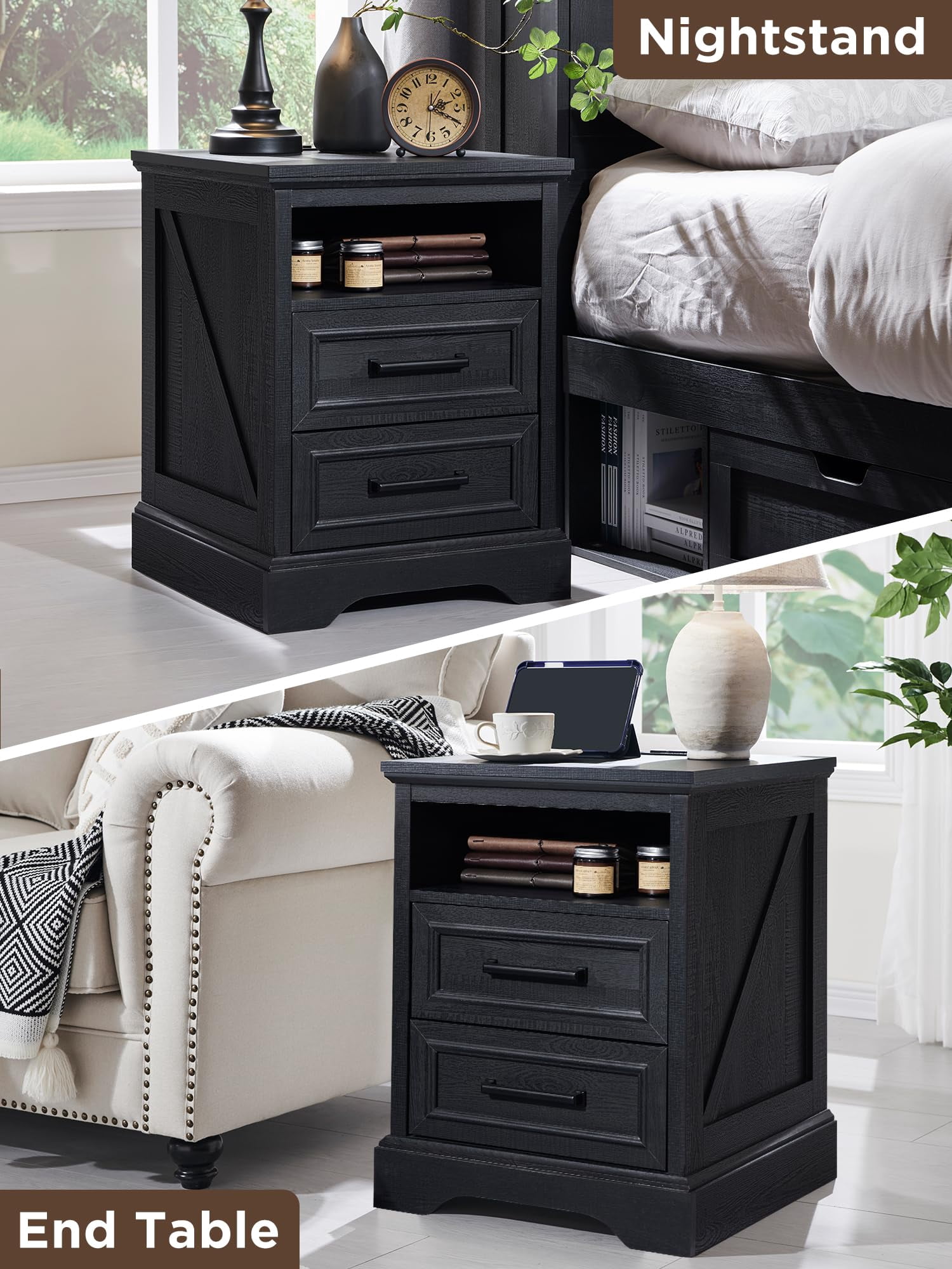 ACCOHOHO Nightstands Set of 2 with Charging Station, Rustic End Table with 2 Drawers Farmhouse Side Table with 3-tier Storage for Bedroom Living Room, Black