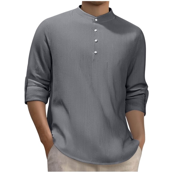 Xzbqbs Mens Henly Long Sleeve Shirts Slim Fit Button Down Casual Pullover Tops Fashion Lightweight Crew Neck Striped Shirts for Men