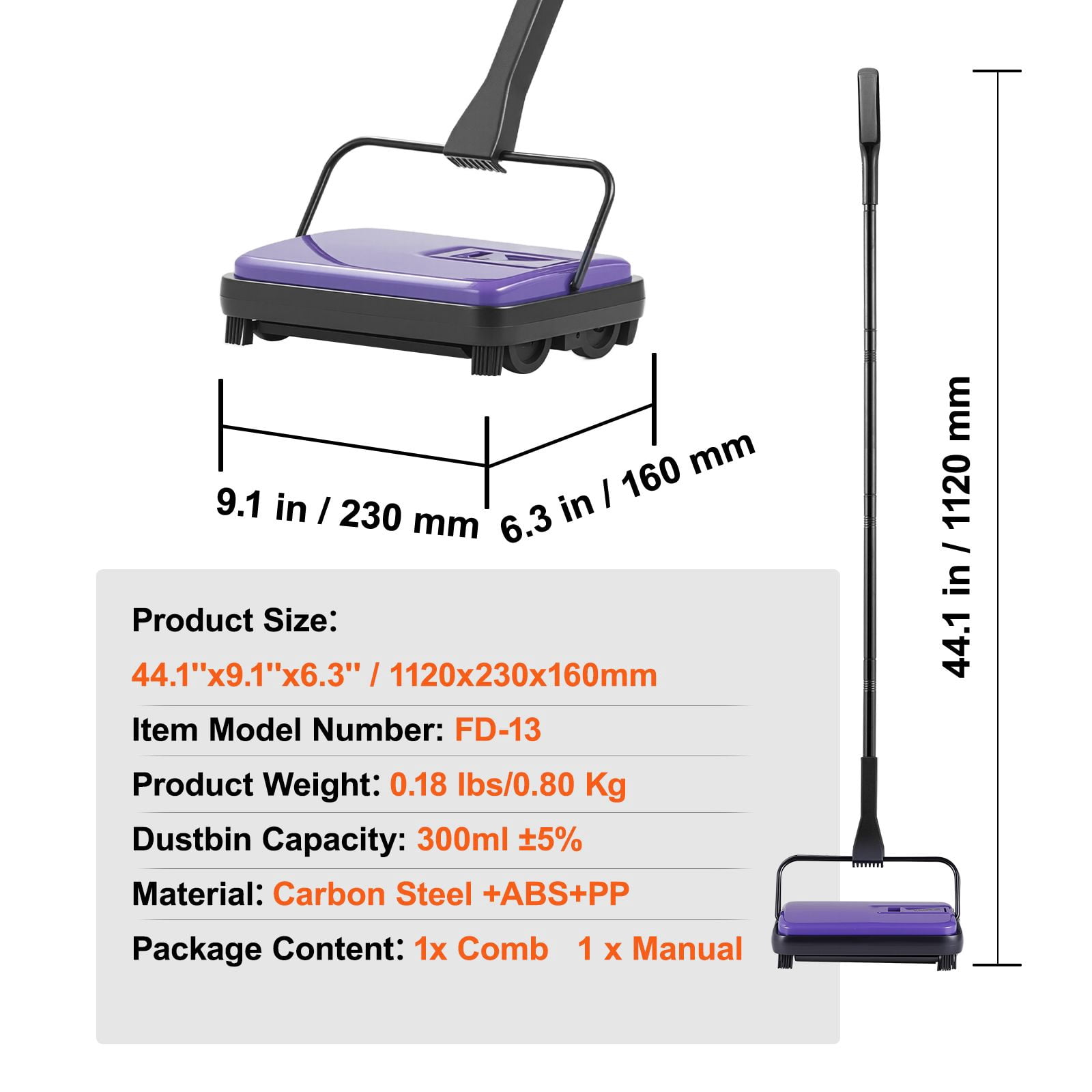 Carpet Sweeper, Manual Floor Sweeper with 300 ml Dustbin Capacity Easy to Empty, 6.7 inch Cleaning Width for Home Office Carpets Pet Hair Dust, Purple