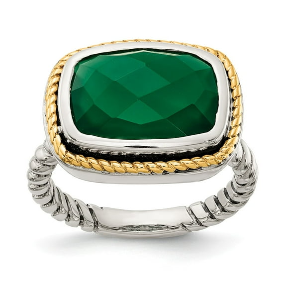 Solid 925 Sterling Silver 14k Yellow Gold Green Onyx Ring Band Size 8