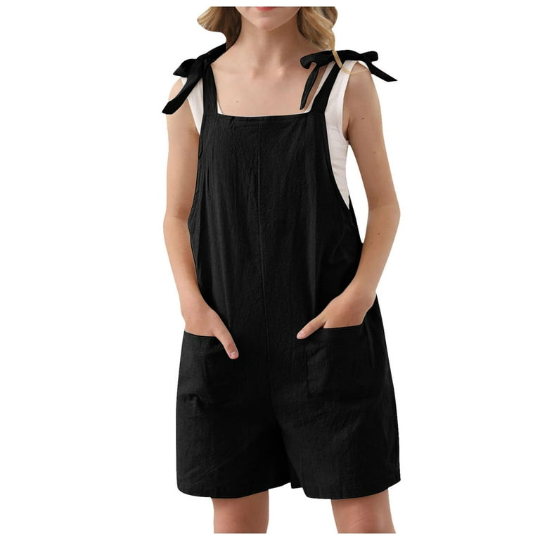 LUOGENLI Girls Jumpsuits 14 16 Girls Romper Sleeveless Adjustable Tie up Strap Short Jumpsuits Summer Clothes with Pocket Baby Girl Rompers 9 12 Months Denim Cute Rompers for Girls 10 12 4 5 Years Wal...
